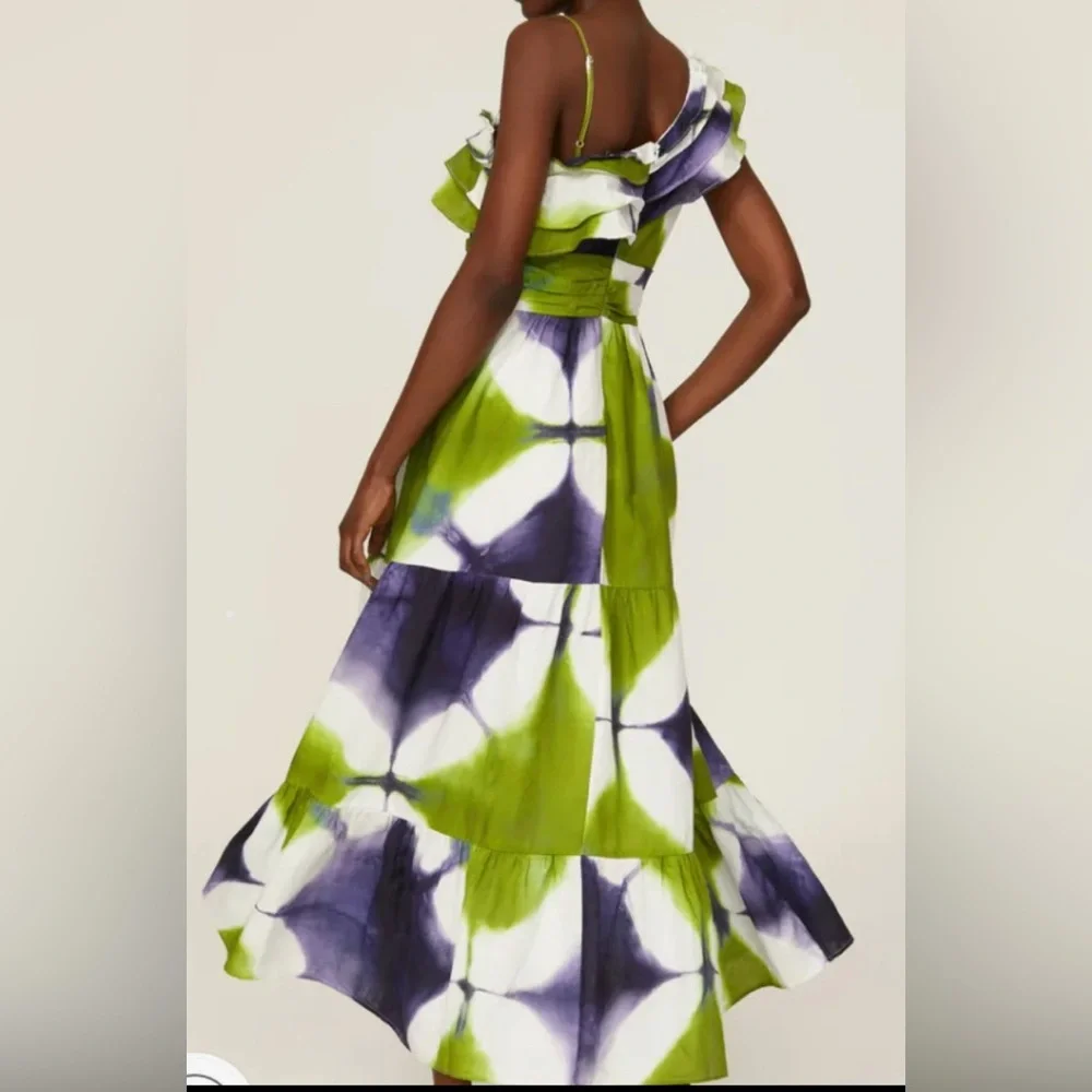 Busayo Collective Ruffle maxi dress patterned in Green and Blue tie-dye. Size 6 - Picture 3 of 10